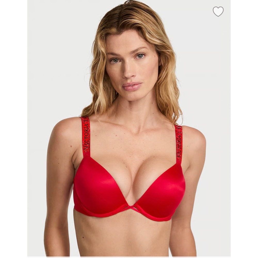Victorias Secret Bombshell Plunge Bra Red Rhinestone Shine Strap 34C C75